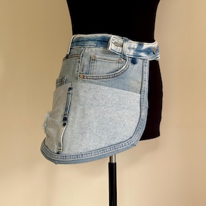 Boho Denim Belt Bag – Upcycled Jean Festival Apron Skirt, Distressed Hip Utility Pouch with Pockets, Adjustable Waist Bag, Side Pocket Skirt