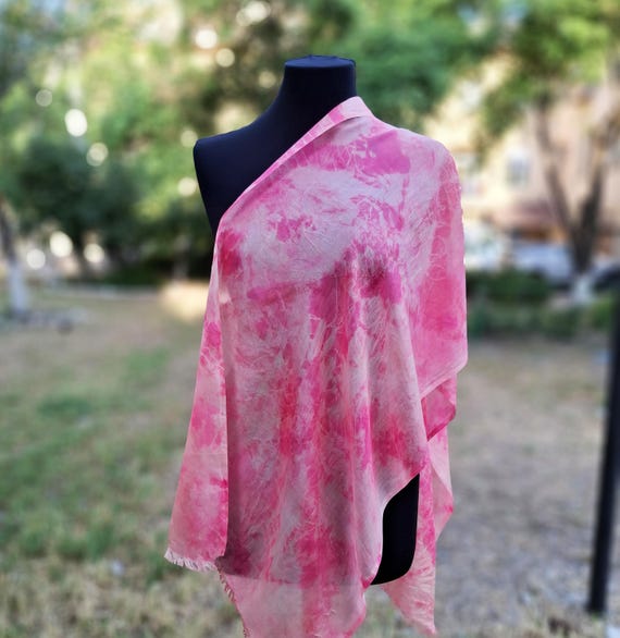 Pink Peach Batik Silk Scarf, Hand Dyed Neon Pink Scarf, Bubble Gum