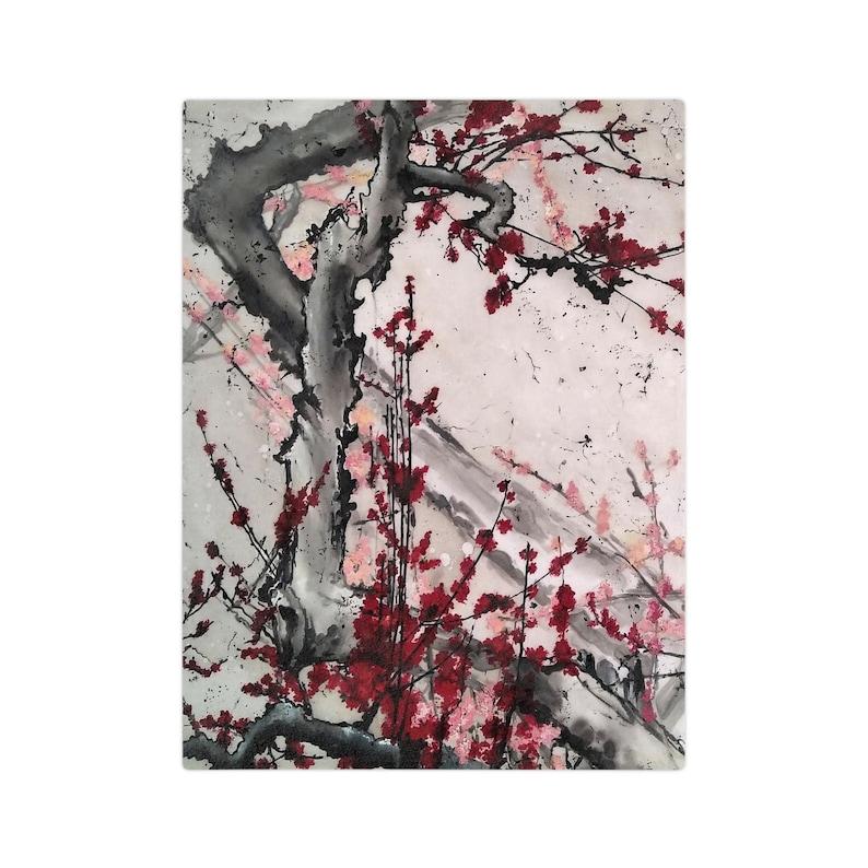 A super soft velveteen minky blanket with sakura flowers batik original art in gray pink and red hues. One sided print. Great as art home decor, couch throw, bed cover.