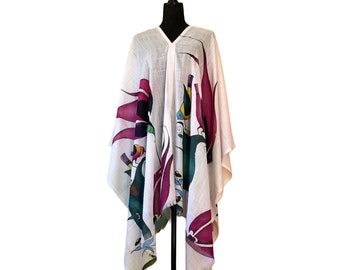 Tunique de poncho de couverture d'art originale de fleurs blanches et d'oiseaux, couverture universelle de manteau de cape de soirée des femmes, châle d'enveloppe d'art de modèle de Turk