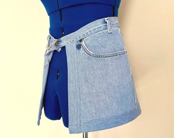 Upcycled Denim Belt Skirt Wrap – Handmade Reconstructed Jeans Waist Belt Bag
