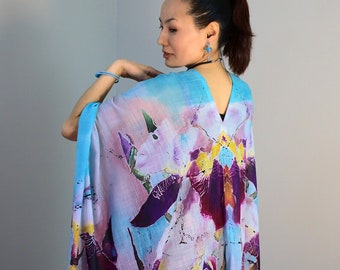 Irises cover up poncho tunic shawl, original floral batik art print wrap drape, elegant evening cloak shoulder throw artful gift for her