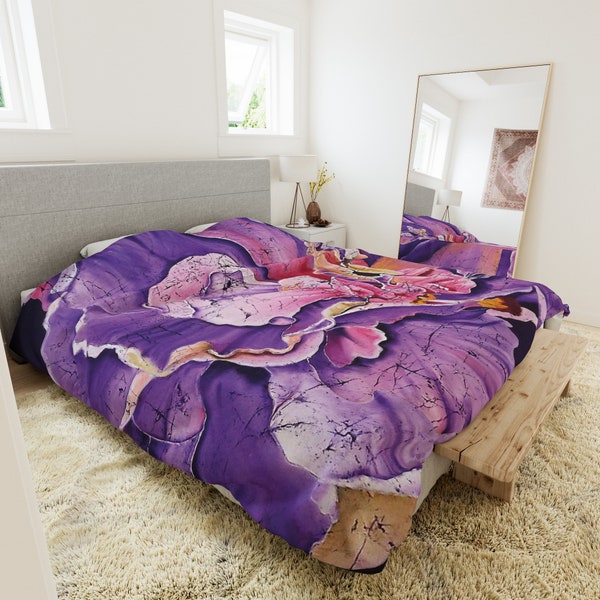 Housse de couette, fleurs violettes, housse de couette originale art abstrait floral, décoration de lit florale violette, housse de couette tapisserie, très grand lit