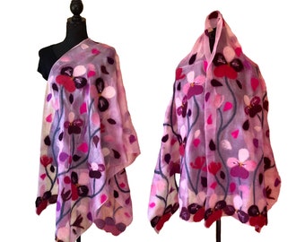 Silk wool shawl scarf with felted flowers, pink nuno felted natural silk scarf, romantic evening cover up wrap, unique gift for her