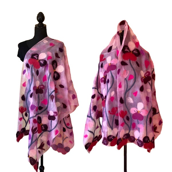 Silk wool shawl scarf with felted flowers, pink nuno felted natural silk scarf, romantic evening cover up wrap, unique gift for her