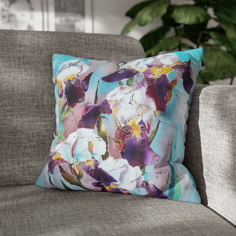 Irises Pillow Cover Purple Iris Flowers Original Art Pillowcase Floral Pastel Decorative Pillow Art Gift zdjęcie 8