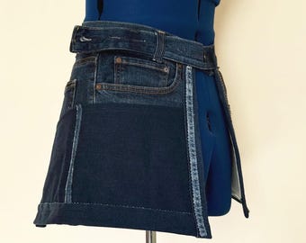 Upcycled Denim Belt Skirt – Repurposed Jeans Utility Wrap, Tool Pockets