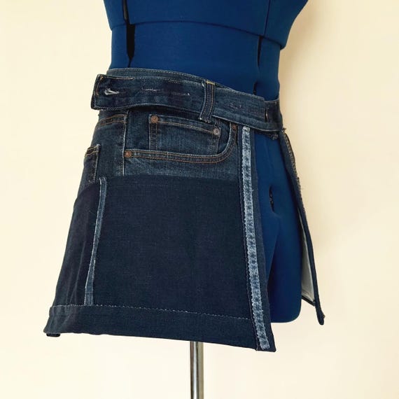 Upcycled Denim Belt Skirt – Repurposed Jeans Utility Wrap, Tool Pockets