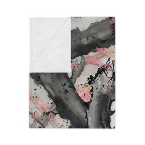 Velveteen Minky Blanket featuring an original Sakura Bloom Art, with gray and pink flowers. This Japan-inspired aesthetic home decor piece adds a touch of elegance to any space, perfect as a bed cover or decorative throw. One sided print.