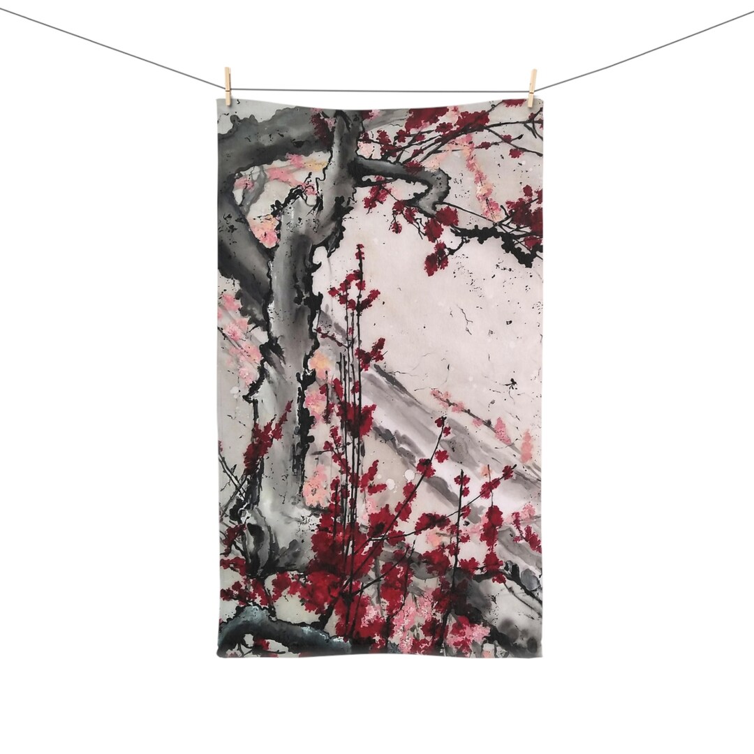 Sakura Art Hand Towel Original Gray Red Cherry Blossom Art Etsy Australia