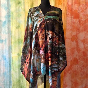 Green Brown botanical art cover up poncho tunic with original abstract Hosta plants batik art painting printed on lightweight faux pashmina fabric, universal cover up for women -  style it into poncho, off shoulder, tunic, wrap shawl, drape cloak.