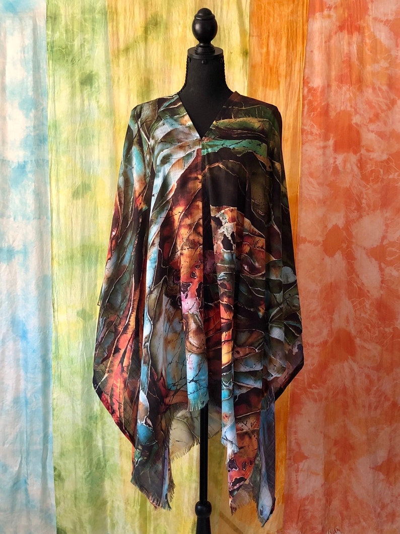 Green Brown botanical art cover up poncho tunic with original abstract Hosta plants batik art painting printed on lightweight faux pashmina fabric, universal cover up for women -  style it into poncho, off shoulder, tunic, wrap shawl, drape cloak.