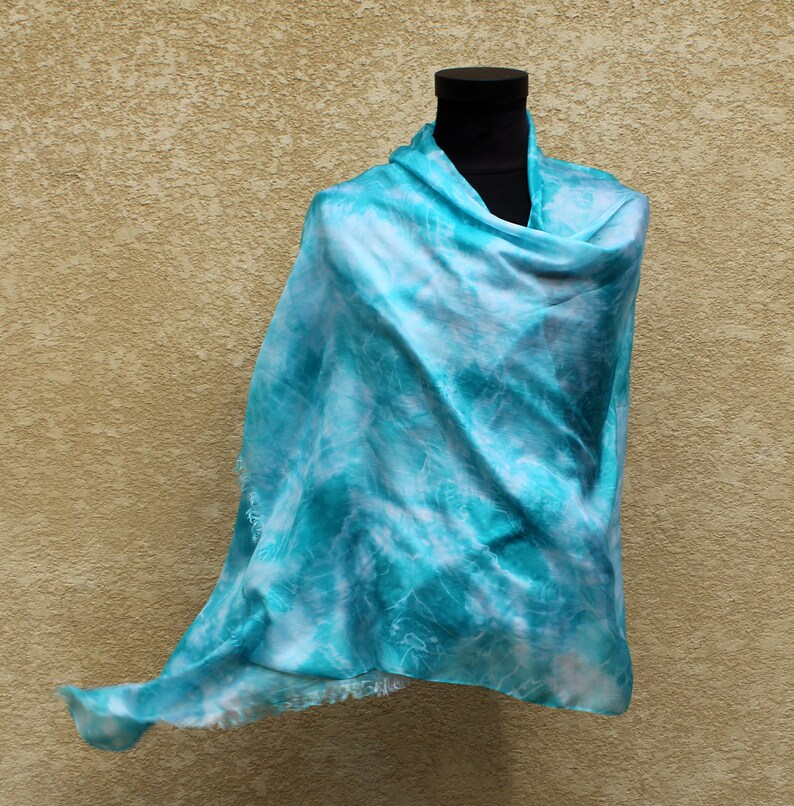 Cyan silk scarf hand painted light blue silk shawl gift for | Etsy
