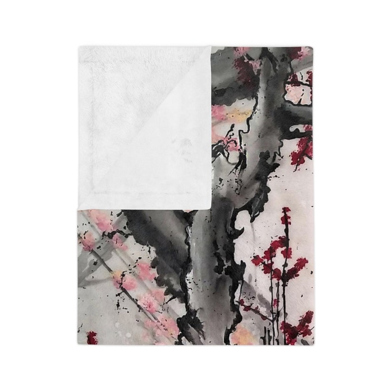 Velveteen Minky Blanket featuring an original Sakura Bloom Art, with gray and pink flowers. This Japan-inspired aesthetic home decor piece adds a touch of elegance to any space, perfect as a bed cover or decorative throw. One sided print.