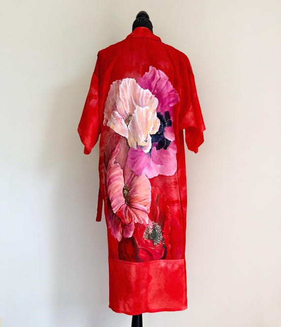 Red silk kimono robe with hand painted poppies – floral batik luxury robe