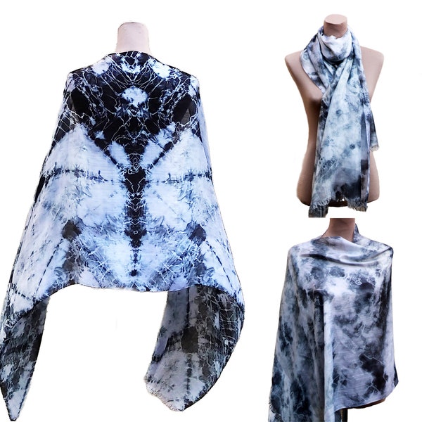 Black white silk scarf hand painted batik scarf, evening wrap shawl, hand dyed shawl, shibori scarf natural silk scarf gift for her