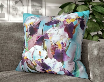 Irises Pillow Cover Purple Iris Flowers Original Art Pillowcase Floral Pastel Decorative Pillow Art Gift