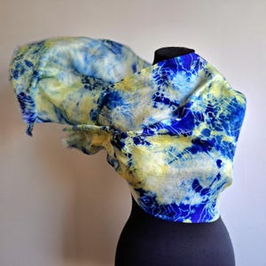 Yellow blue batik silk scarf hand dyed silk neckerchief women, boho blue silk scarf 100% Mulberry silk scarf, summer shibori silk scarf.