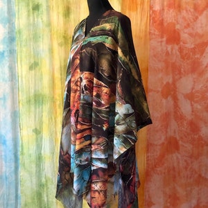 Green Brown botanical art cover up poncho tunic with original abstract Hosta plants batik art painting printed on lightweight faux pashmina fabric, universal cover up for women -  style it into poncho, off shoulder, tunic, wrap shawl, drape cloak.