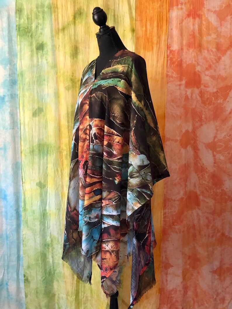 Green Brown botanical art cover up poncho tunic with original abstract Hosta plants batik art painting printed on lightweight faux pashmina fabric, universal cover up for women -  style it into poncho, off shoulder, tunic, wrap shawl, drape cloak.