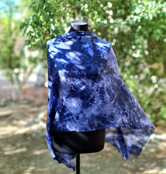 Blue Black Hand Dyed Silk Scarf, Boho Batik 100% Mulberry Silk