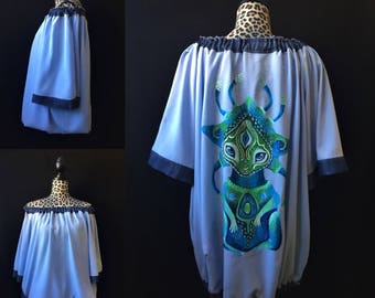 Blue painted tunic shirt free size, light blue cotton art shirt, batik art on clothes wearable art boho tunic hand painted art to wear