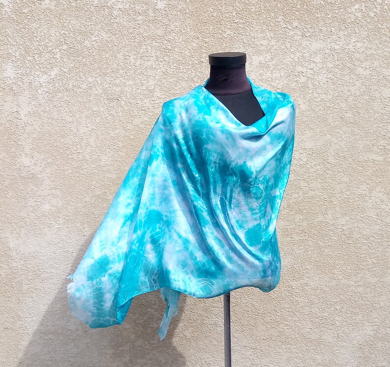 Cyan silk scarf hand painted light blue silk shawl gift for | Etsy