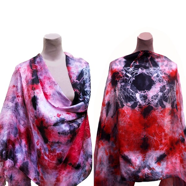 Black red white hand painted silk scarf, evening wrap shawl, hand dyed batik scarf, cover up scarf black red white shibori silk scarf