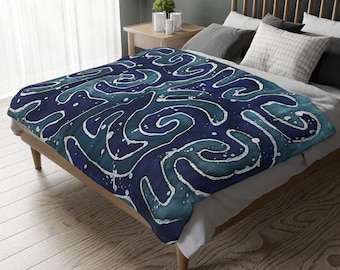 Blue Kyrgyz Ornament Blanket, Original Art Bed Cover, Artful Couch Throw Gift Blue Gray Ethnic Kyrgyz Art Velveteen Minky Blanket, Two sided