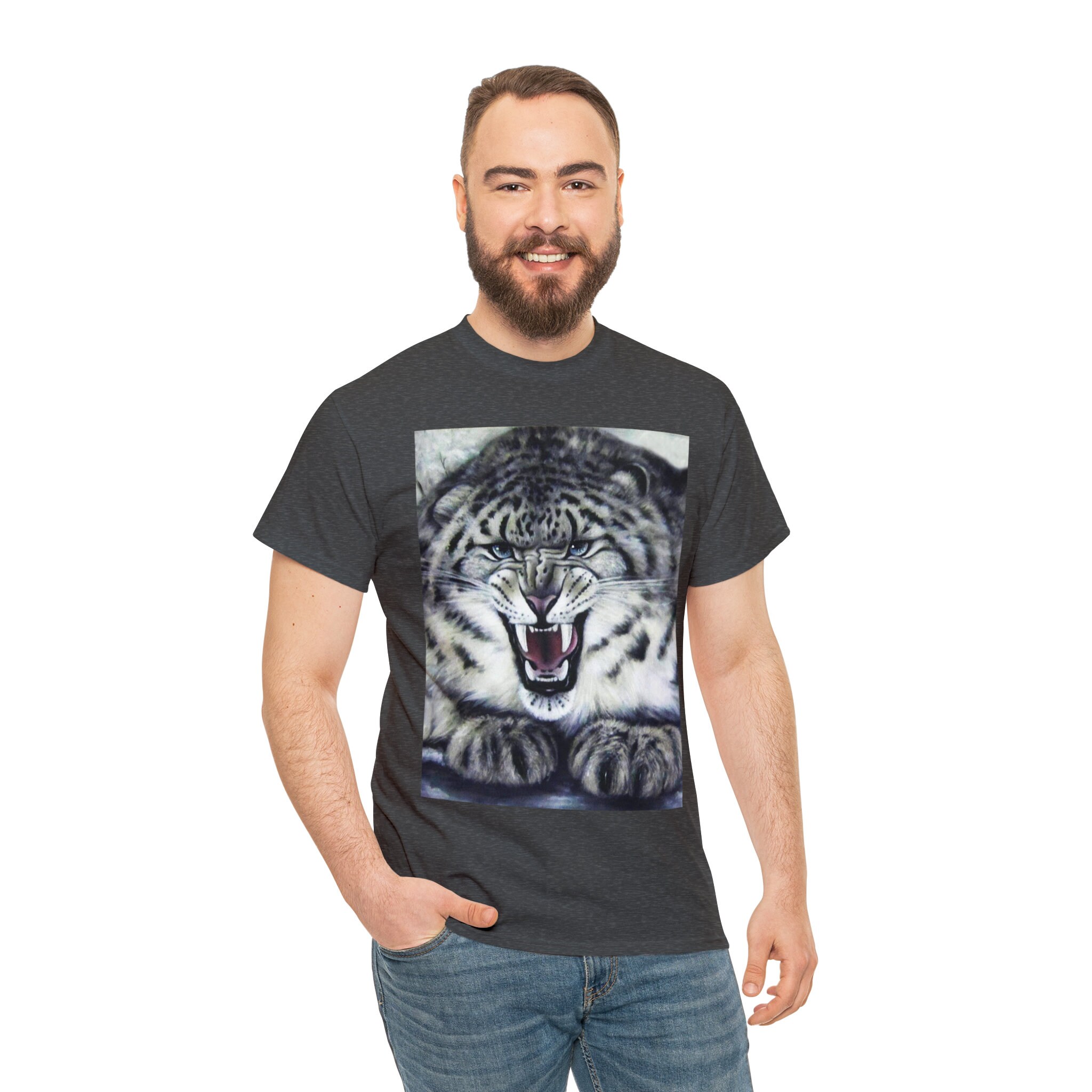 Snow Leopard T-shirt Animal Art Print Tee Gray Black Snow Leopard ...