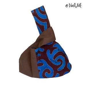 Kyrgyz Ornament Japanese Knot Bag, Blue Brown Silk Cotton Wrist Bag, Ethnic Art Hand Painted Wristlet, Unique One of a Kind Sash Purse Gift