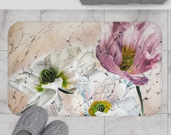 Poppies Bath Mat, Original Pastel Poppy Flowers Art Bath Rug Floral Aesthetic Neutral Bathroom Home Decor Artful Bathroom Mat