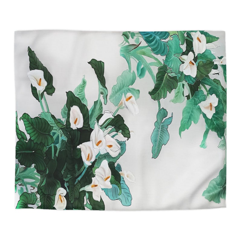A microfiber duvet cover featuring an original calla lily batik artwork print in green and white shades. Tapestry style floral aesthetic comforter cover. King size, microfiber, white/beige backing. Perfect for gifting or enhancing your own space.