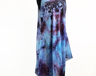 Light blue and marsala hand dyed silk scarf, batik extra large silk shawl