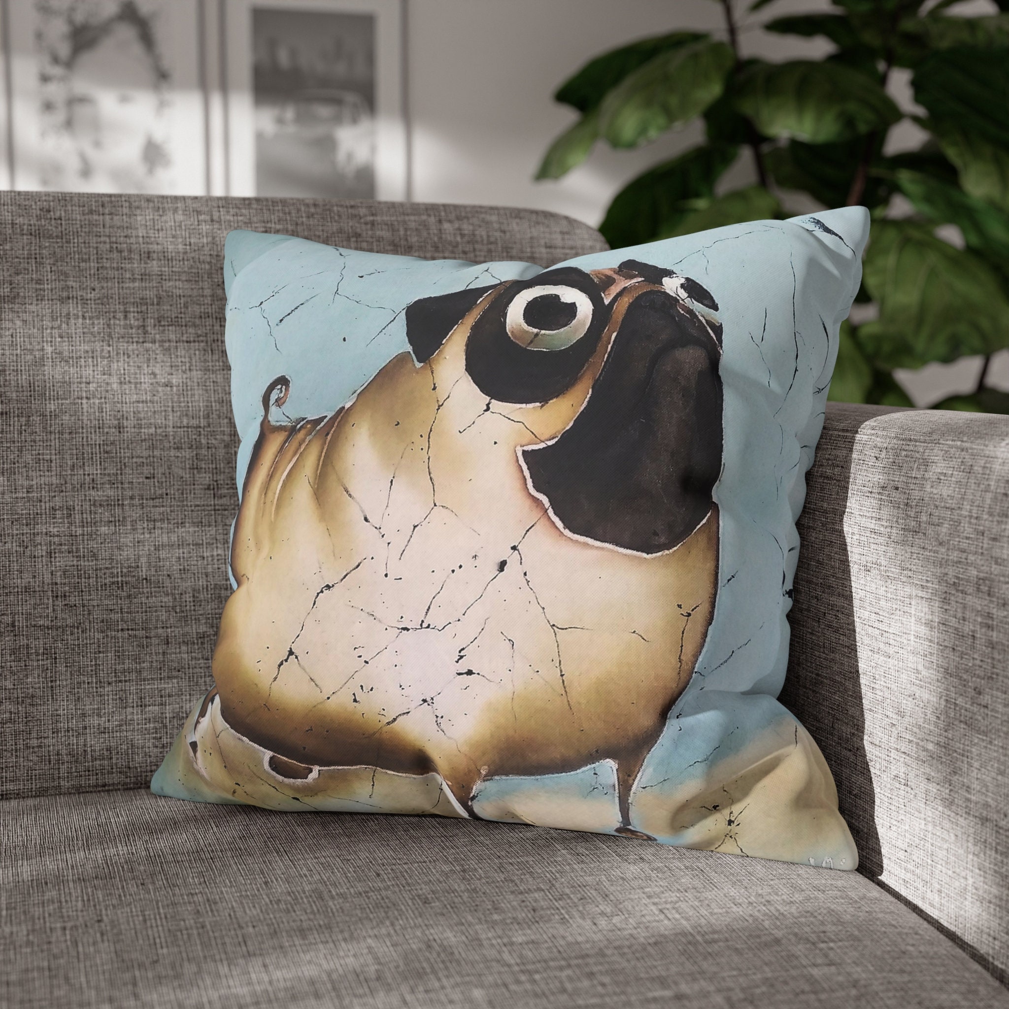 Cute Pug Pillowcase, Pug Dog Original Art Print Pillow Cover, Couch