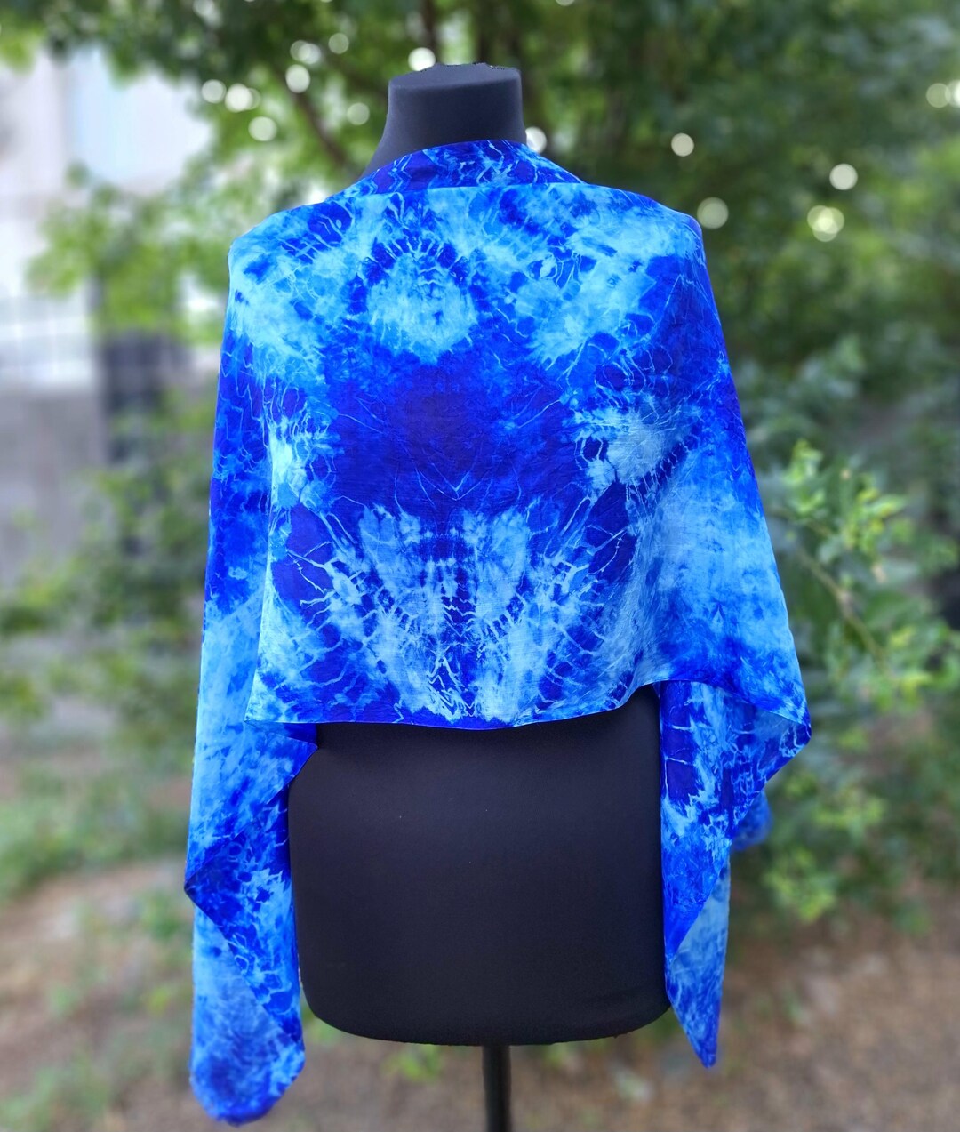 Royal Blue Hand Dyed Silk Scarf, Bright Blue Batik Shibori Small Shawl ...