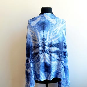Light blue and royal blue silk scarf batik silk shawl, hand painted wrap shawl, boho shibori summer silk scarf evening silk cover up