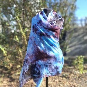 Blue marsala hand painted silk shawl, batik artist scarf, hand dyed extra large stole