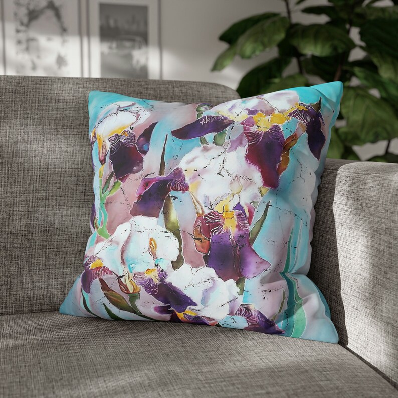 Irises Pillow Cover Purple Iris Flowers Original Art Pillowcase Floral Pastel Decorative Pillow Art Gift zdjęcie 9