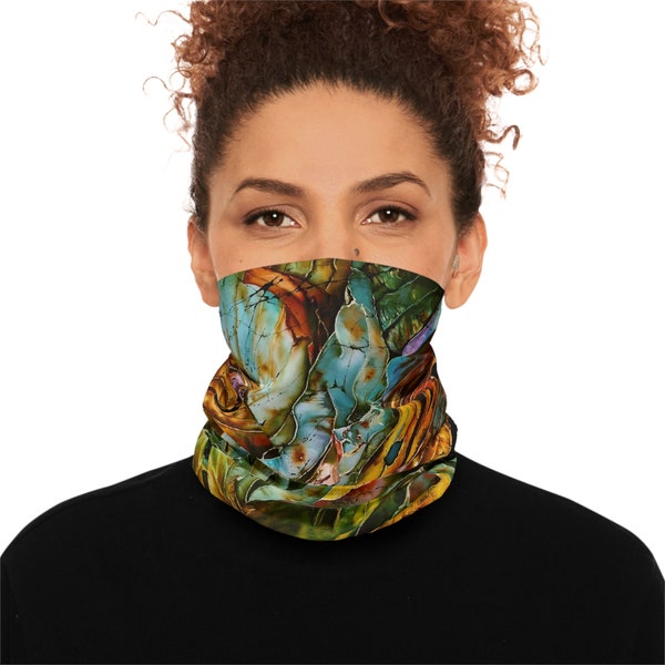 Camo Neck Gaiter, Green Brown Hosta Original Art Face Cover, Abstract Botanical Pattern Outdoor Sports Face Shield, Nature's Camouflage Mask