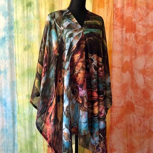 Green Brown botanical art cover up poncho tunic with original abstract Hosta plants batik art painting printed on lightweight faux pashmina fabric, universal cover up for women -  style it into poncho, off shoulder, tunic, wrap shawl, drape cloak.