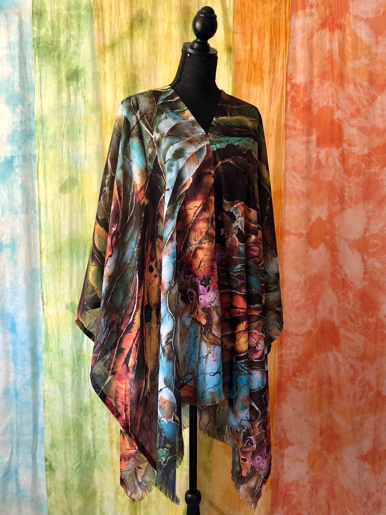 Green Brown botanical art cover up poncho tunic with original abstract Hosta plants batik art painting printed on lightweight faux pashmina fabric, universal cover up for women -  style it into poncho, off shoulder, tunic, wrap shawl, drape cloak.