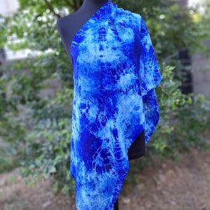 Blue electric batik silk scarf shibori summer shawl, bright blue tie dye neckerchief women, blue boho silk scarf, hand painted silk scarf