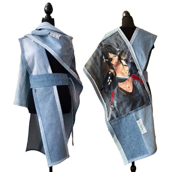 Epic hand painted denim japanese tunic vest, upcycled jean Fighter Samurai girl art to wear, one of a kind japan art denim fantasy clothing