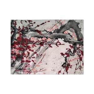 Velveteen Minky Blanket featuring an original Sakura Bloom Art, with gray and pink flowers. This Japan-inspired aesthetic home decor piece adds a touch of elegance to any space, perfect as a bed cover or decorative throw. One sided print.