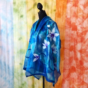 Blue floral felted silk scarf, natural silk wool white lily flowers, nuno felted shawl, evnenig wrap shawl, floral gift for her