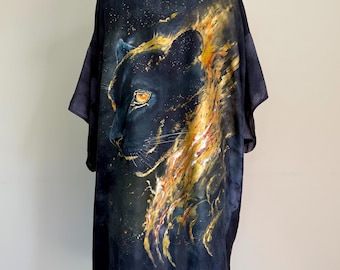 Hand Dyed Black Silk Kimono Robe with Hand Painted Black Panther Art, Natural Silk Wearable Art Clothing, Silk Lounge Robe Gift, Unisex