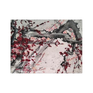 Velveteen Minky Blanket featuring an original Sakura Bloom Art, with gray and pink flowers. This Japan-inspired aesthetic home decor piece adds a touch of elegance to any space, perfect as a bed cover or decorative throw. One sided print.