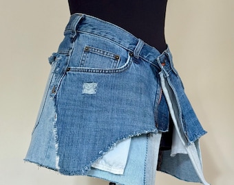 Upcycled Denim Utility Belt Skirt – Deconstructed Jean Pocket Wrap, Reworked Distressed Hip Apron