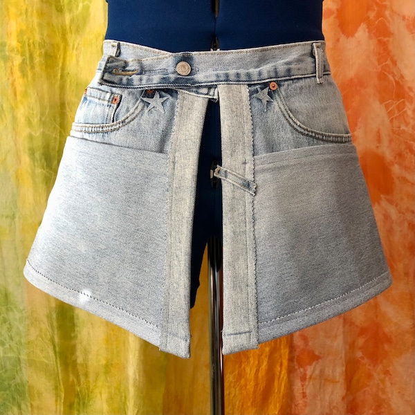 Denim Half Skirt Side Apron, Distressed Denim Utility Pockets Belt Waist Apron For Crafter Artist, Upcycled Jean Hip Bag Denim Festival Belt